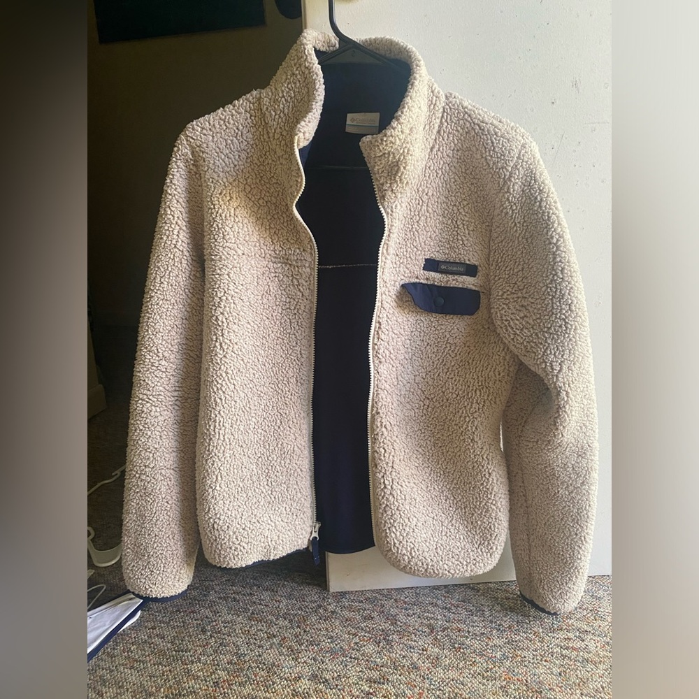 Columbia Sherpa Fleece Full Zip Teddy Jacket Navy and Cream Like New